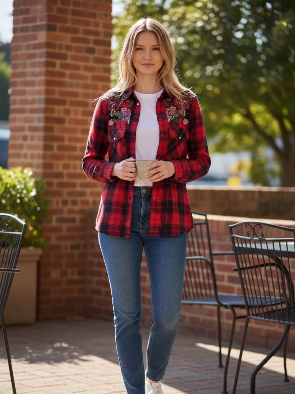 Zara Basic Z1975 Denim Red and Black Plaid Beaded Floral
Flannel Button-Up Shirt